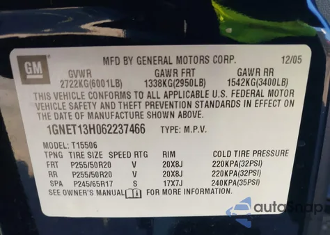 2006 Chevrolet Trailblazer Lt из США, поврежденный, VIN 1GNET13H062237466